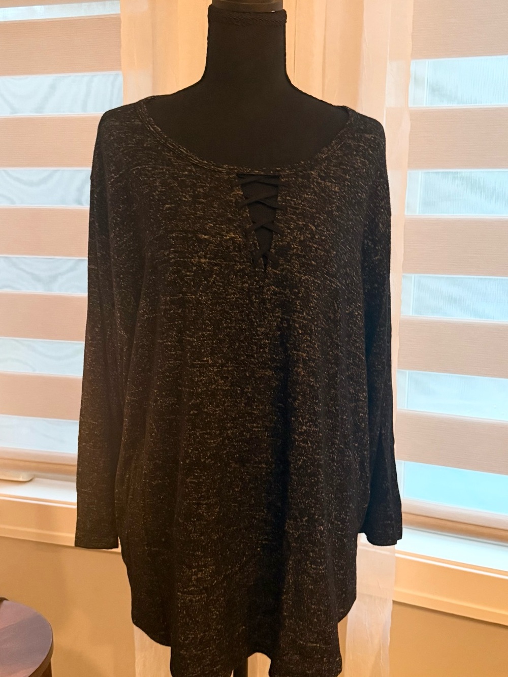 bobeau Black Knit Top with Lace Up Detail